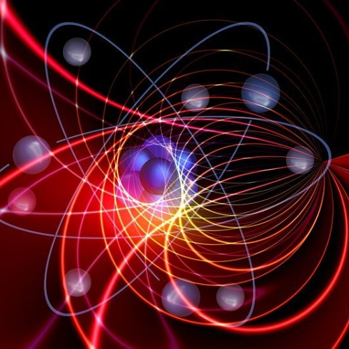 Swirling lines over a red background, representing the Physics discipline